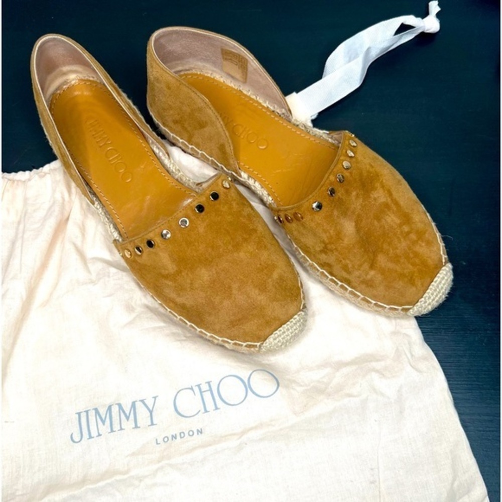 Jimmy Choo ‘Dreya’ Suede Studded D'Orsay Flats, Tan/ Gold, size 35